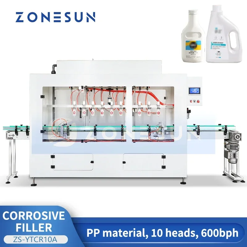 ZONESUN ZS-YTCR10A PP Material Corrosive Liquid Filling Machine 10 Heads 600bph Bleach Chemical Pesticide Disinfectant Packer