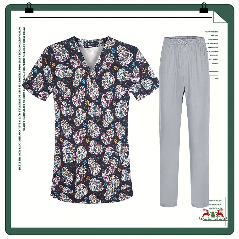 Uniforme de enfermera con estampado para hombre y mujer, camisa de manga corta, pantalones médicos de enfermería, blusa de belleza para tienda de mascotas, ropa de trabajo clínica