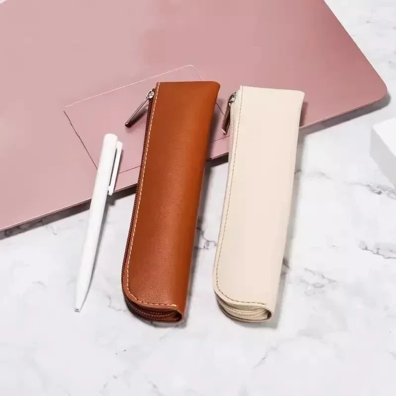 Simple Zipper Pen Holder Leather Pencil Bag Fountain Pen Storage Pouch Portable Pen Sleeve Case School Office Supplies