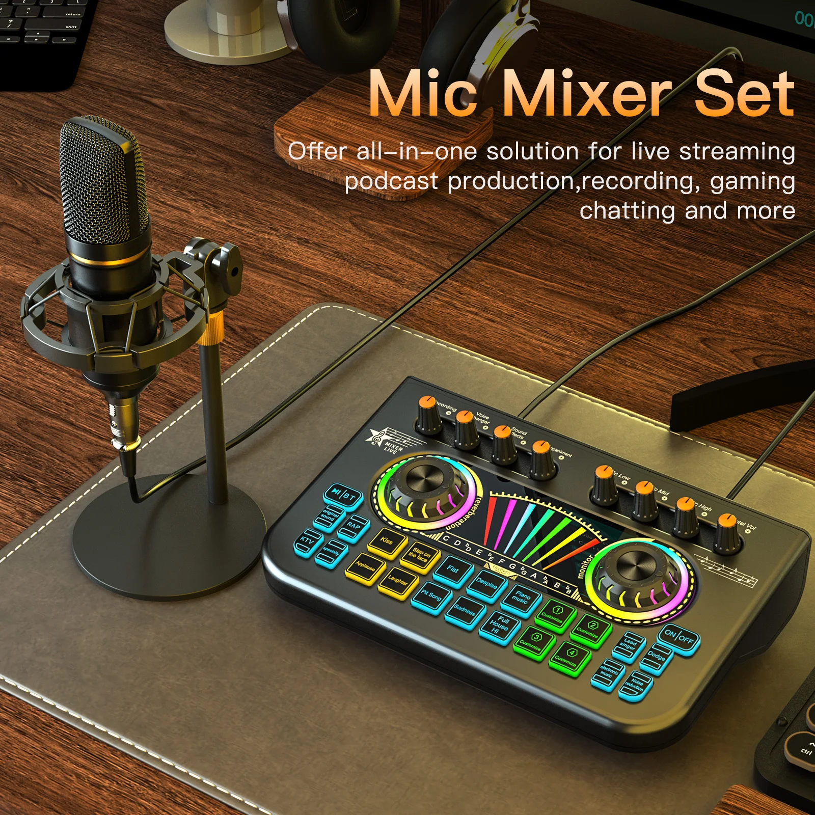 

NXG Audio Mixer, Voice Changer, Noise Reduction, Lead Vocal Podcast Mixer Sound Card, 3.5Mm/6.35Mm Dynamic Microphone Audio Interface, for Pc/Phone Live Streaming Gaming Live Sound Card (Black)