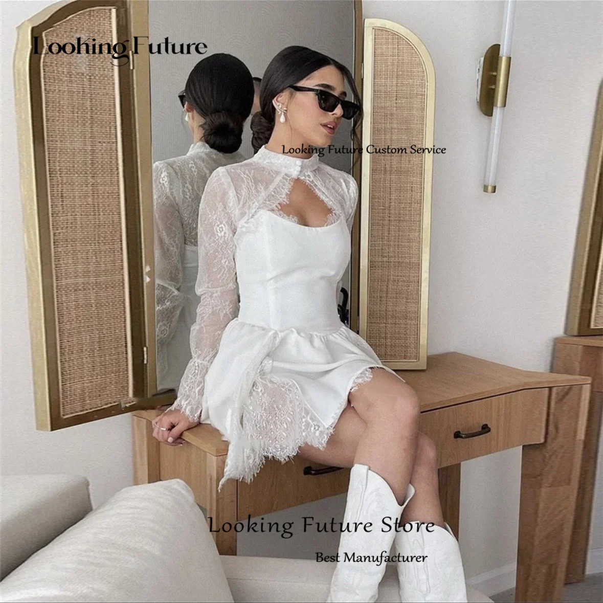 Sexy Mini Lace Long Sleeves Wedding Dresses White Illusion High Neck Elegant Lace Up Bridal Dress Gowns Cute Short Vestidos 2024