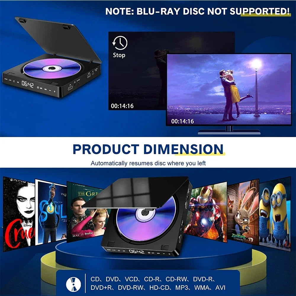 Reproductor de DVD para el hogar, dispositivo de alta definición, HDMI, CD, VCD, HD, resolución de 1080P, portátil, compatible con proyectores,