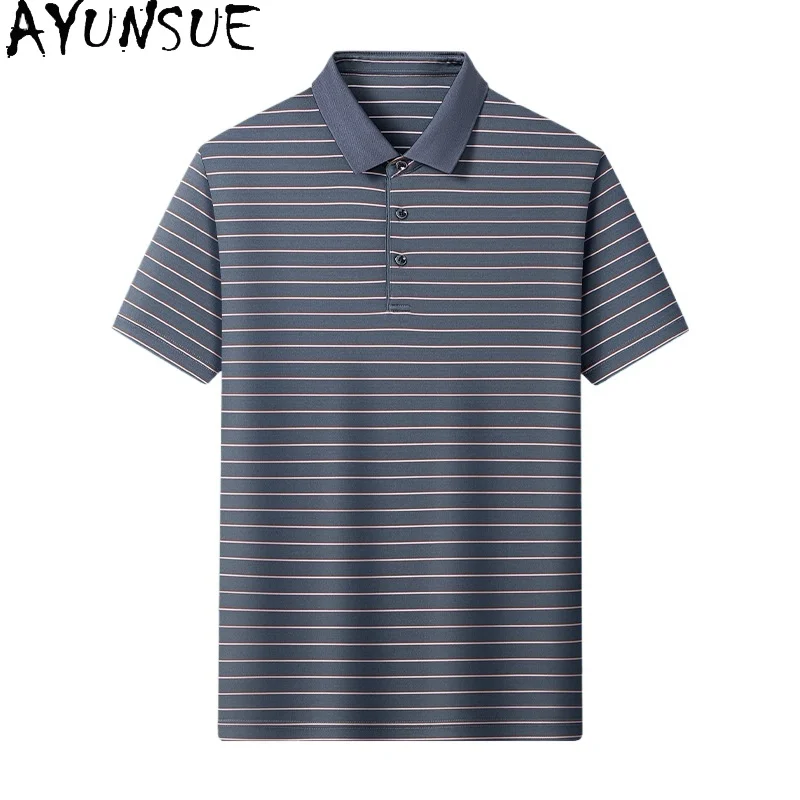 

AYUNSUE 100% Real Mulberry Silk Polo Shirt for Men Summer 2026 Short Sleeve Tops Fashion Striped Polos Man Clothing T Shirts