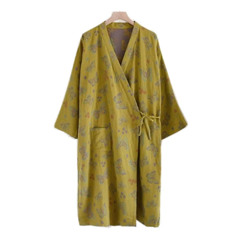 Ladies' Spring and Summer 100%Cotton Color Weaving Double sided Jacquard Japanese Kimono Sleeping Robe Loose Large Home Bathrobe