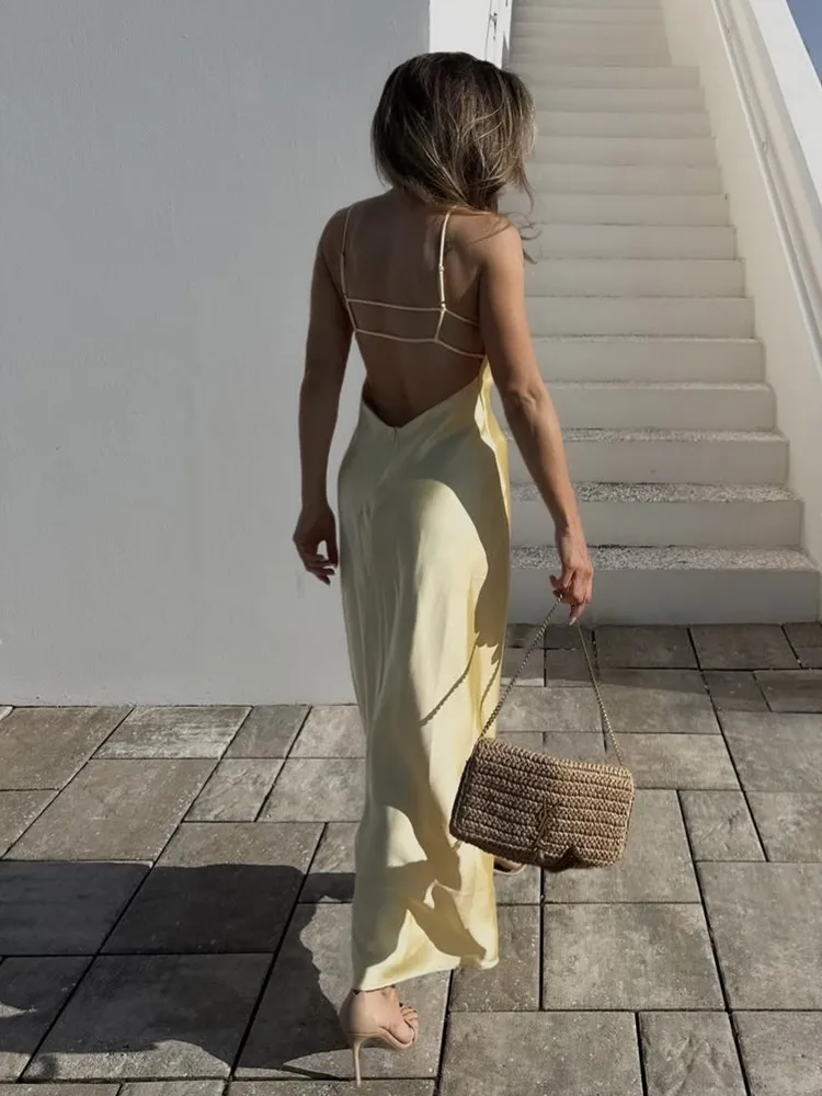 2025 RARA verão nova chegada feminino cetim texturizado midi vestido cor sólida sexy sem costas vestido de seda suspender vestido