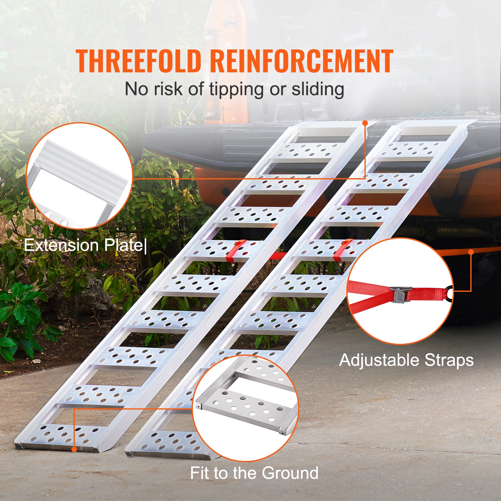 VEVOR Aluminum Ramps 1250lbs Straight Ramp with Treads and Load Straps Portable Loading Ramp for Motorcycles ATVs Trucks 2Pcs