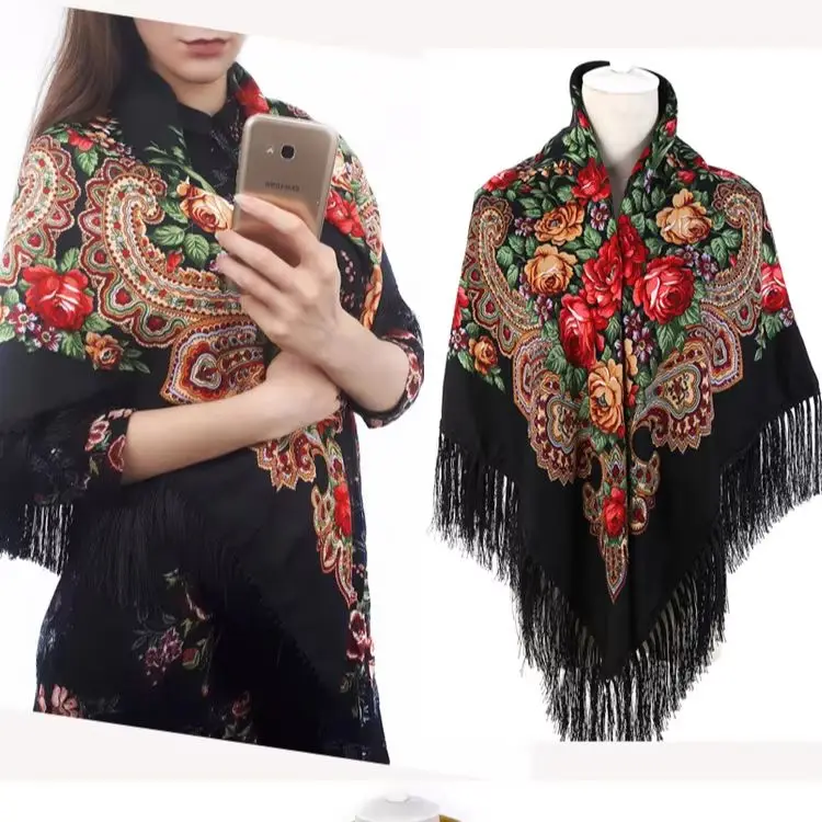 Women's 135x135cm Large Square Scarf, Traditional Ethnic Peony Floral Print Shawl with Long Tassels, Warm Cotton Wrap