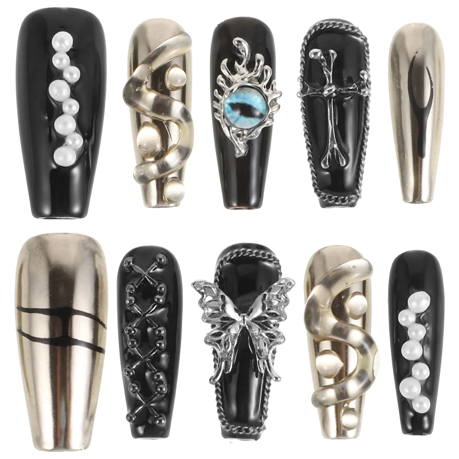 

10Pcs Press on Nails Black Handmade Cross Butterfly Full Cover Long Fake Nails Artificial Manicure Spooky Gothic Nail Art