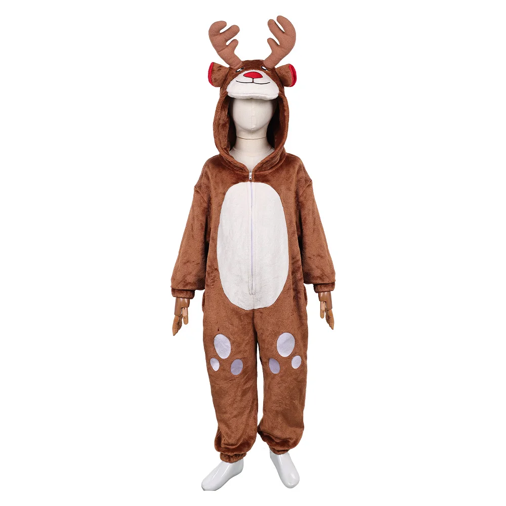 Kids Reindeer Cosplay Pajamas Costume Animal Brown Deer Disguise Boy Girl Nightwear Halloween Christmas Carnival Party Jumpsuit view 2