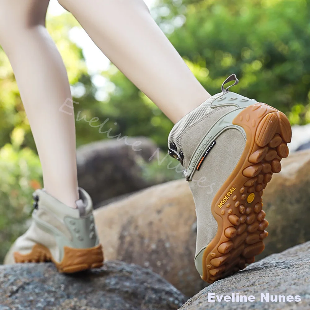 Unisex Khaki Suede Hiking Shoes High Top Lace Up Anti-collision Toe Non Slip Breathable Outdoor Trekking Trail Walking Sneakers