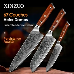 Xinzuo 1Pcs Of 3Pcs Keuken Mes Sets Japanse Gesmeed Damascus Staal Chef Santoku Messen Rvs Palissander Handvat