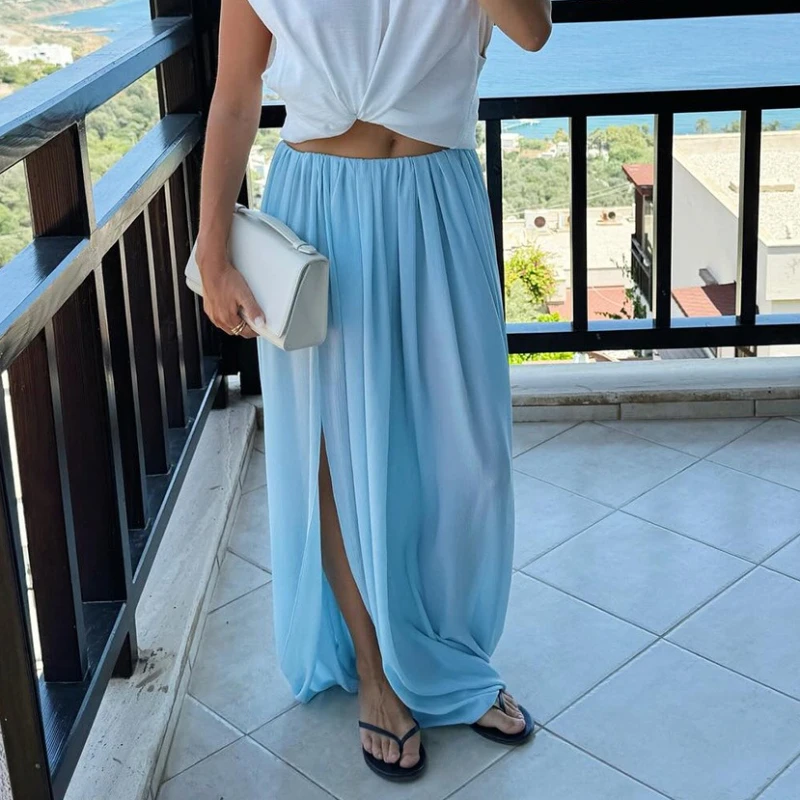 

Tsiisd Fashion Pleats Split Long Skirt Women High Waist Solid Casual Patchwork Summer New Beach Holiday Maxi Skirt Female 2026