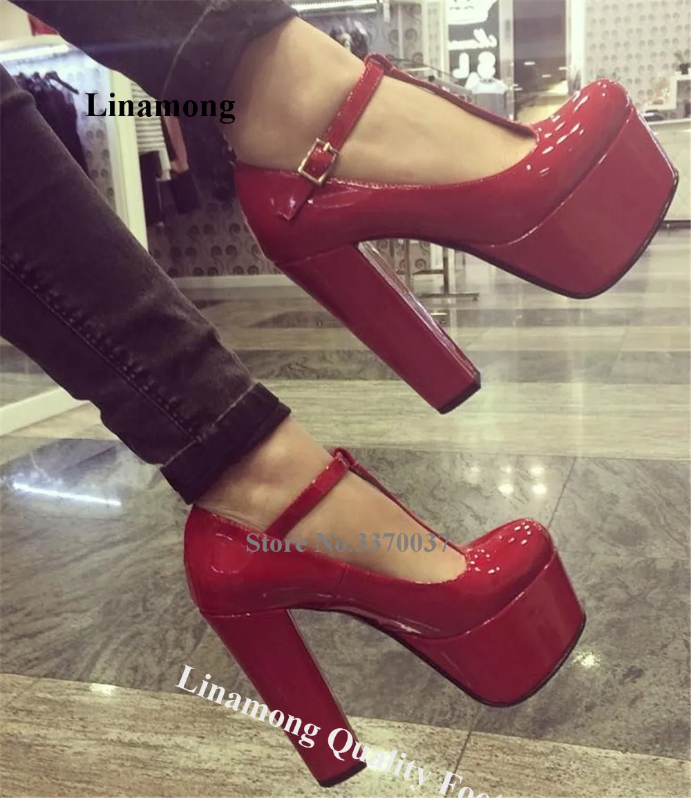 

Linamong Sexy Red Patent Leather Chunky Heel Pumps Round Toe T-strap High Platform Thick Heel Party Heels Big Size