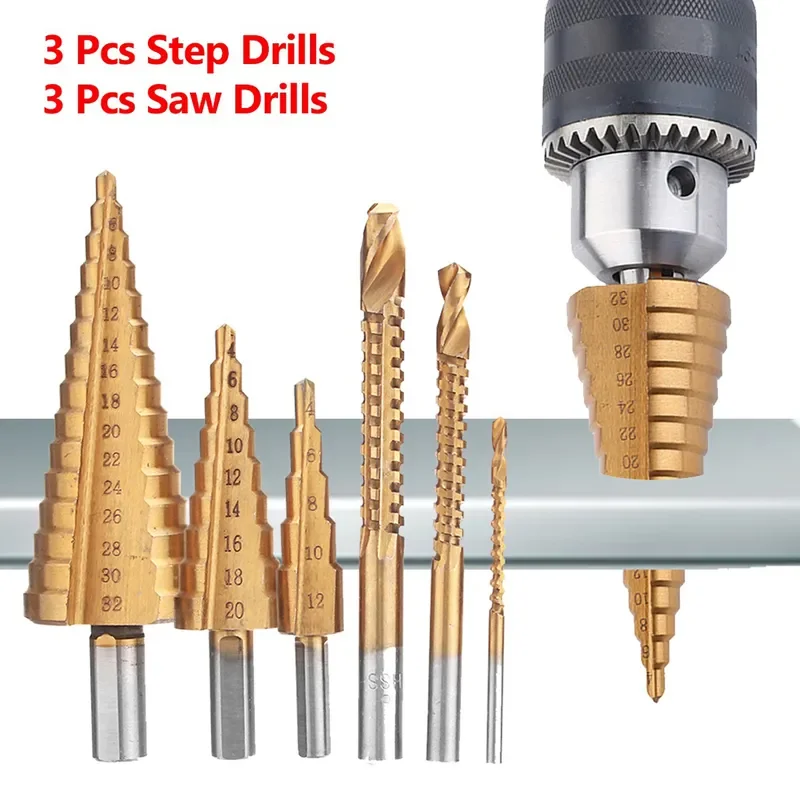 6 Pcs Titanium Plated Sawtooth Drill for Woodworking, Open Hole Reaming, Slotting Plastic Box Set, Tool Accessories,