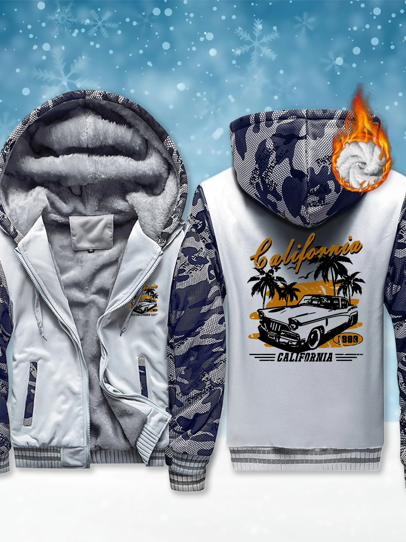 

California Sports Car Palm Printing Man Hoodies High Quality Clothing Outdoor Winter Pullover Warm Fleece Casual Sweatshirt