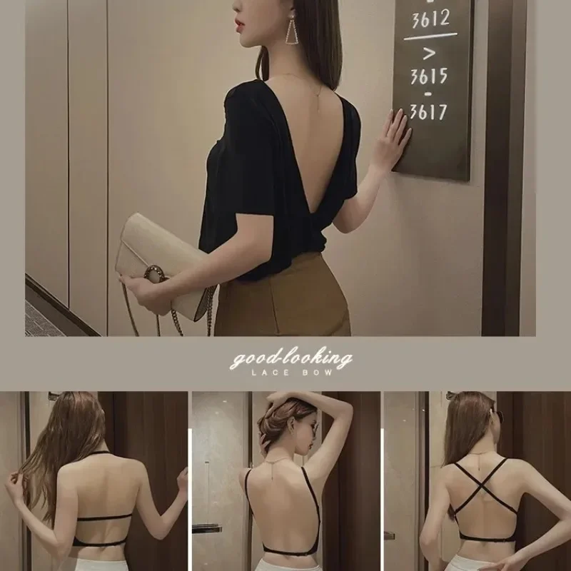 Ropa interior Sexy grande sin espalda en forma de U, parte de atrás bonita, sección delgada para mujer, sujetador sin tirantes recogido en el pecho pequeño sin costuras