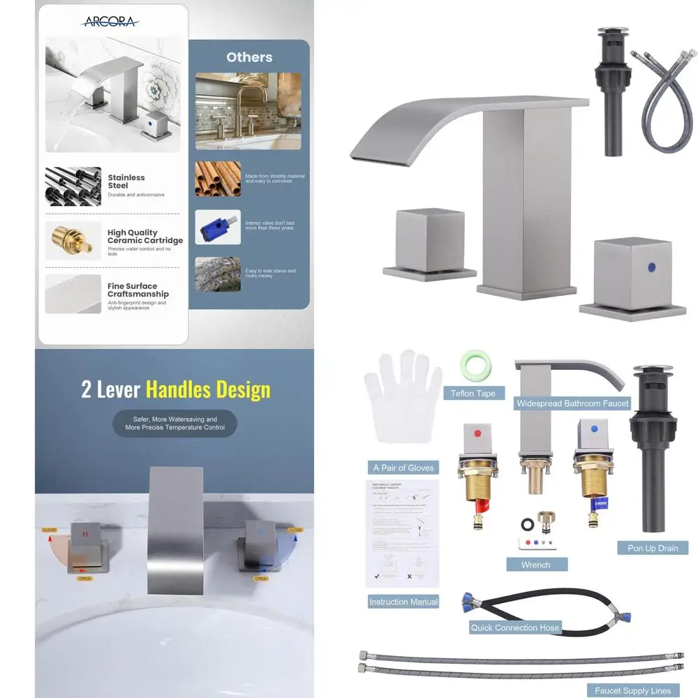 

Современный 8-распространенный смеситель для раковины из матового никеля с 2 ручками, выдвижным сливом и линиями подачи UPC