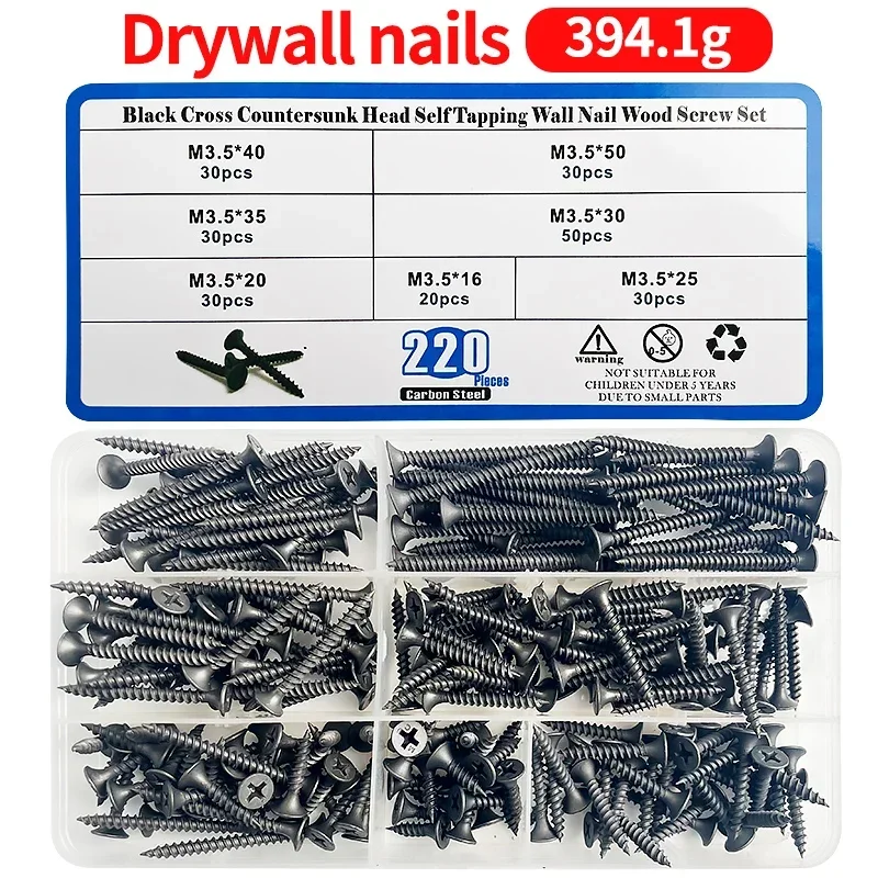 

220pcs/Box Cross Countersunk Head Self Tapping Wood Screws Flat Head Screw Hardened Tip Drywall Screw Nail M3.5