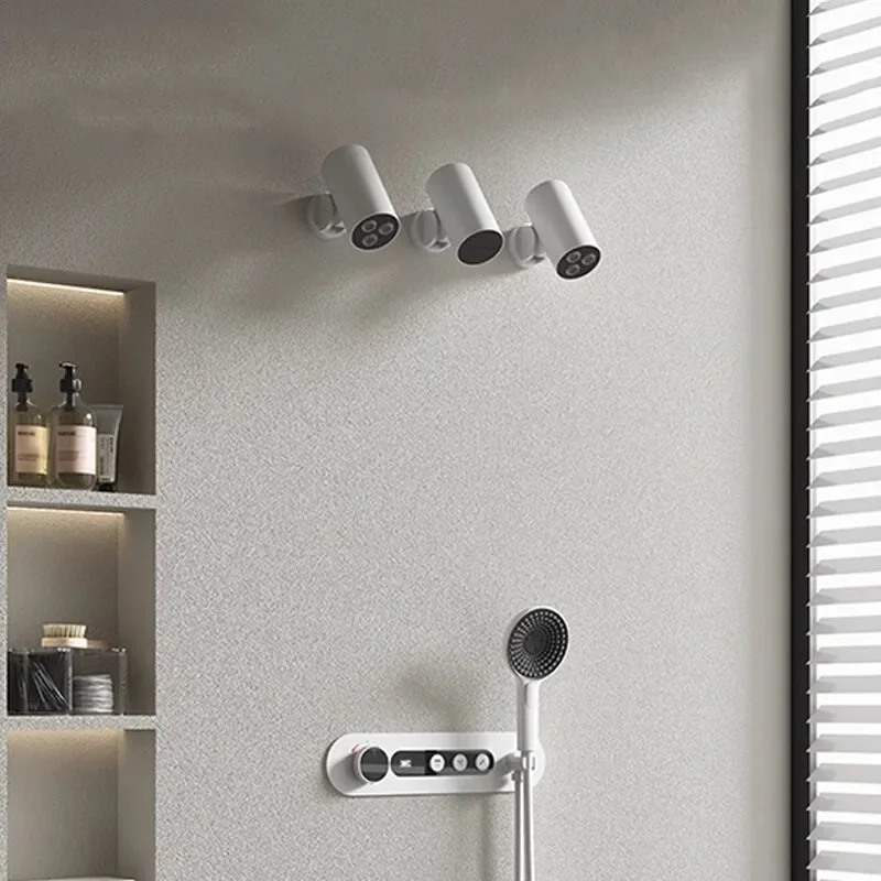 White Thermostatic Shower System with Embedded Digital Display and Hidden Waterfall, Rainfall and Handheld Showerheads