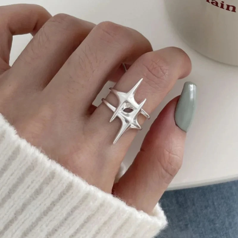 Punk Silver Color Copper Stars Open Rings for Women Men Fashion Adjustable Couple Rings Y2K Hip Hop Vintage Ring Jewelry Gift image 6