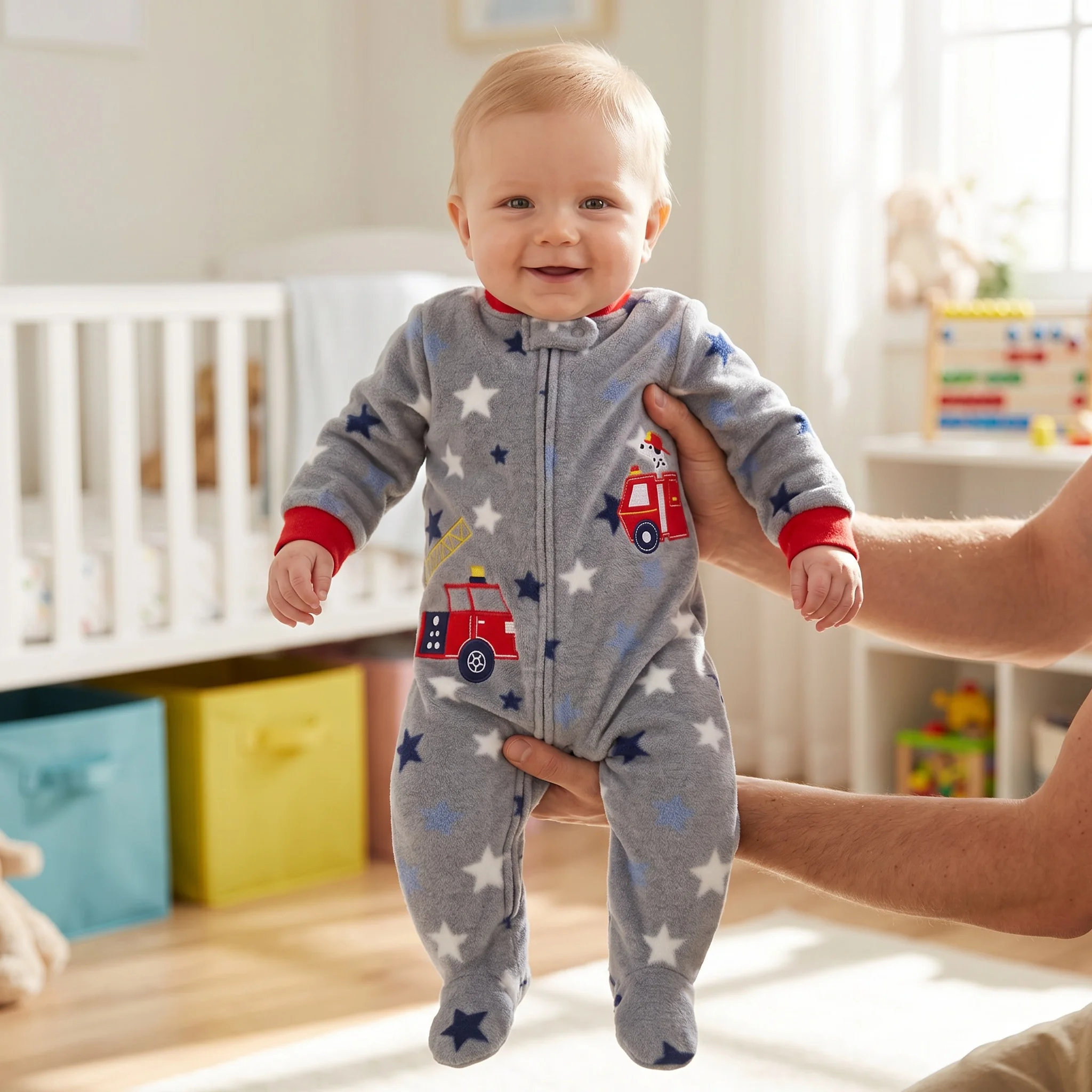 Grey Star Print Polar Fleece Baby Footed Romper Fire Truck Dalmatian Embroidery Zipper Onesie for 3-12M Newborn Boys Fall Winter
