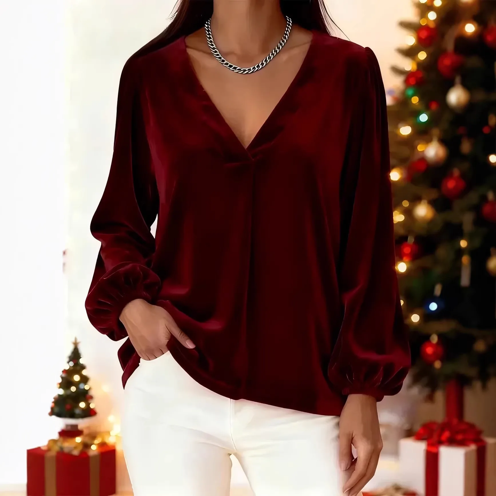 

2026 Fall/Winter Cross-Border Bestseller: Women's Elegant Light Luxury Velvet V-Neck Lantern Sleeve T-Shirt