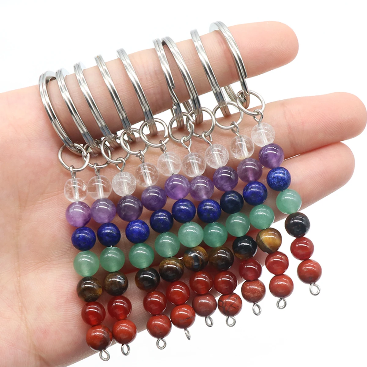 Natural Stone Seven Chakra Keychain Gem Reiki Healing Ball Stone Charms DIY Jewelry Making Accessorie