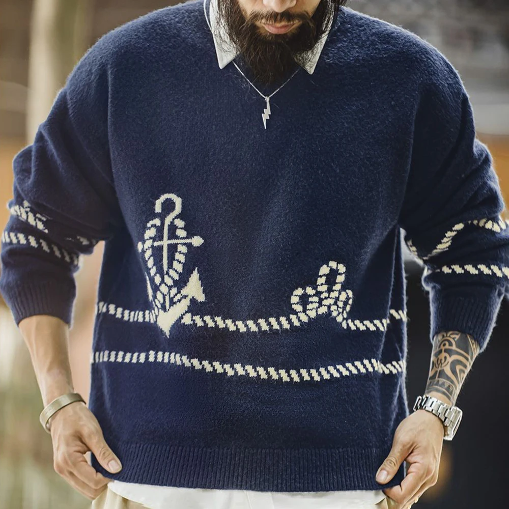 

2025 Winter New Men's Knitted Long-Sleeve Sweater American Retro Fashion Trendy High Street Casual Loose Niche Men's Tops