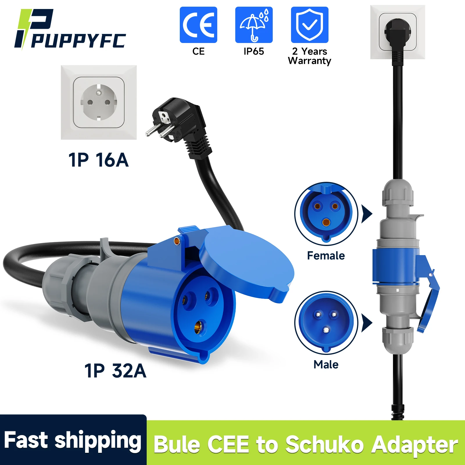 Puppyfc EV Charger CEE Female Plug 3 Pin Blue to Schuko Adapter 7KW 32A 1Phase Extension Cable for Electric Vehicle