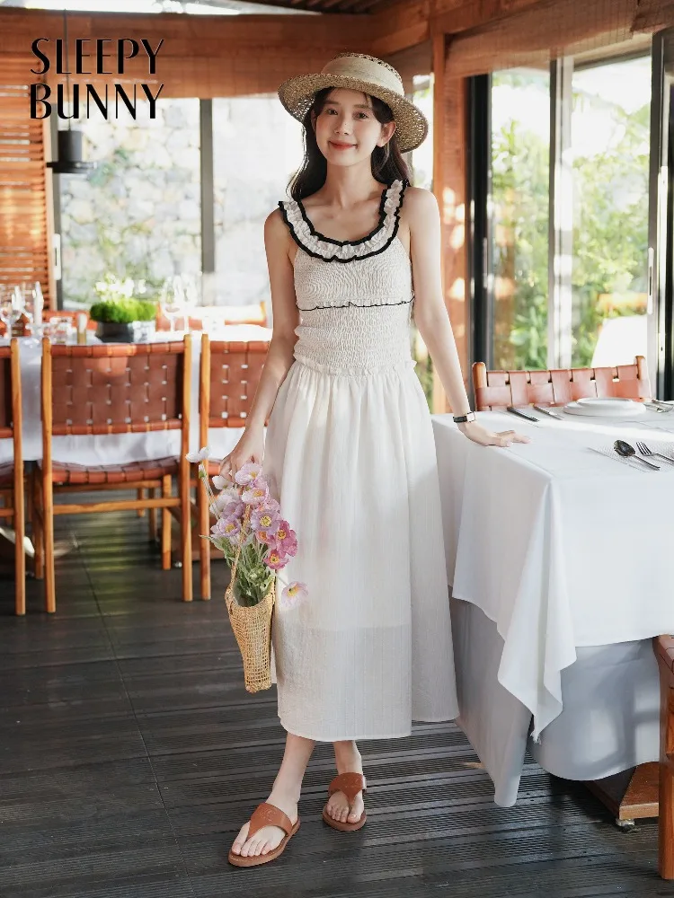 

Vacation Ruffle Dress for Women Sleeveless Slim A-Line Lady Sundress Chic Contrast Trim Elegant Resort Style Outfit Summer Days