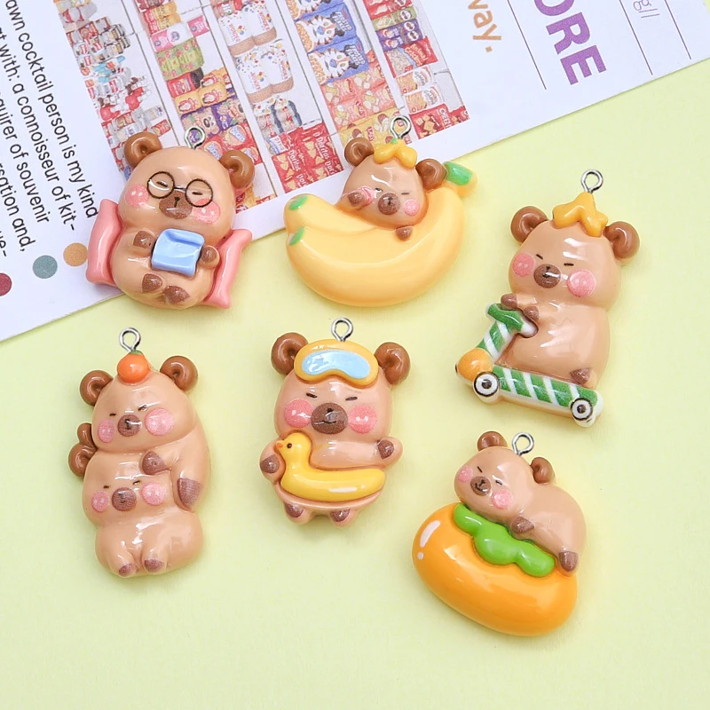 10Pcs Kawaii Cartoon Capybara Resin Charms Glossy Flatback Animal Earring Keychain Pendant for DIY Jewelry Make Crafts Accessory
