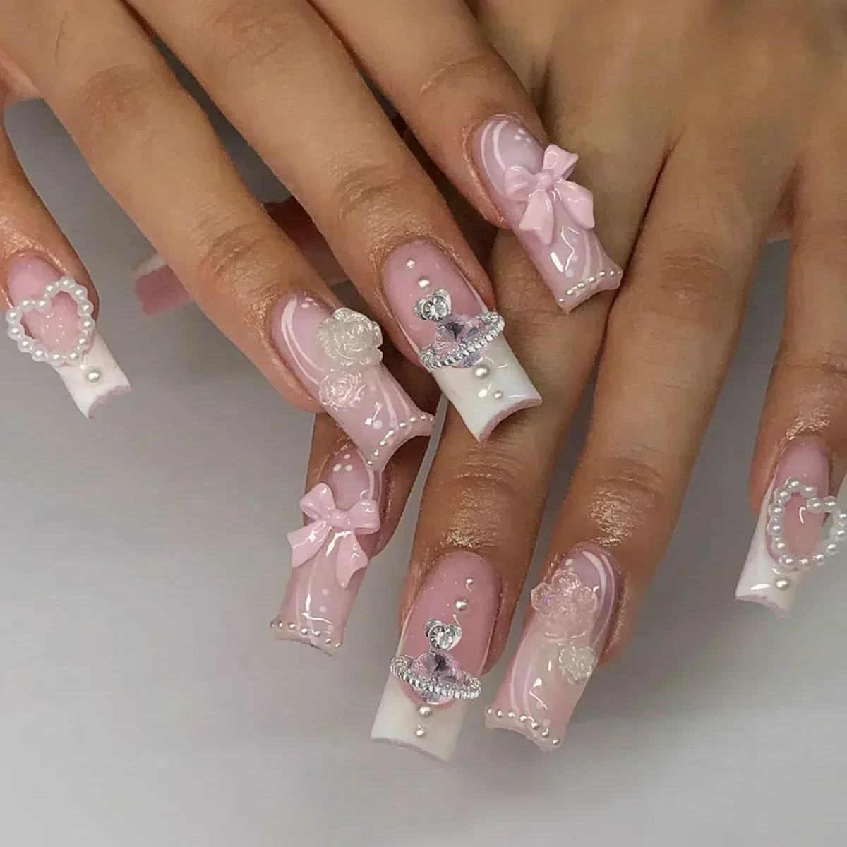 24Pcs White French False Nails Long Ballet Fake Nail with Pearl Bow Flower Design Press on Nails Pink Wearable Square Nails Set