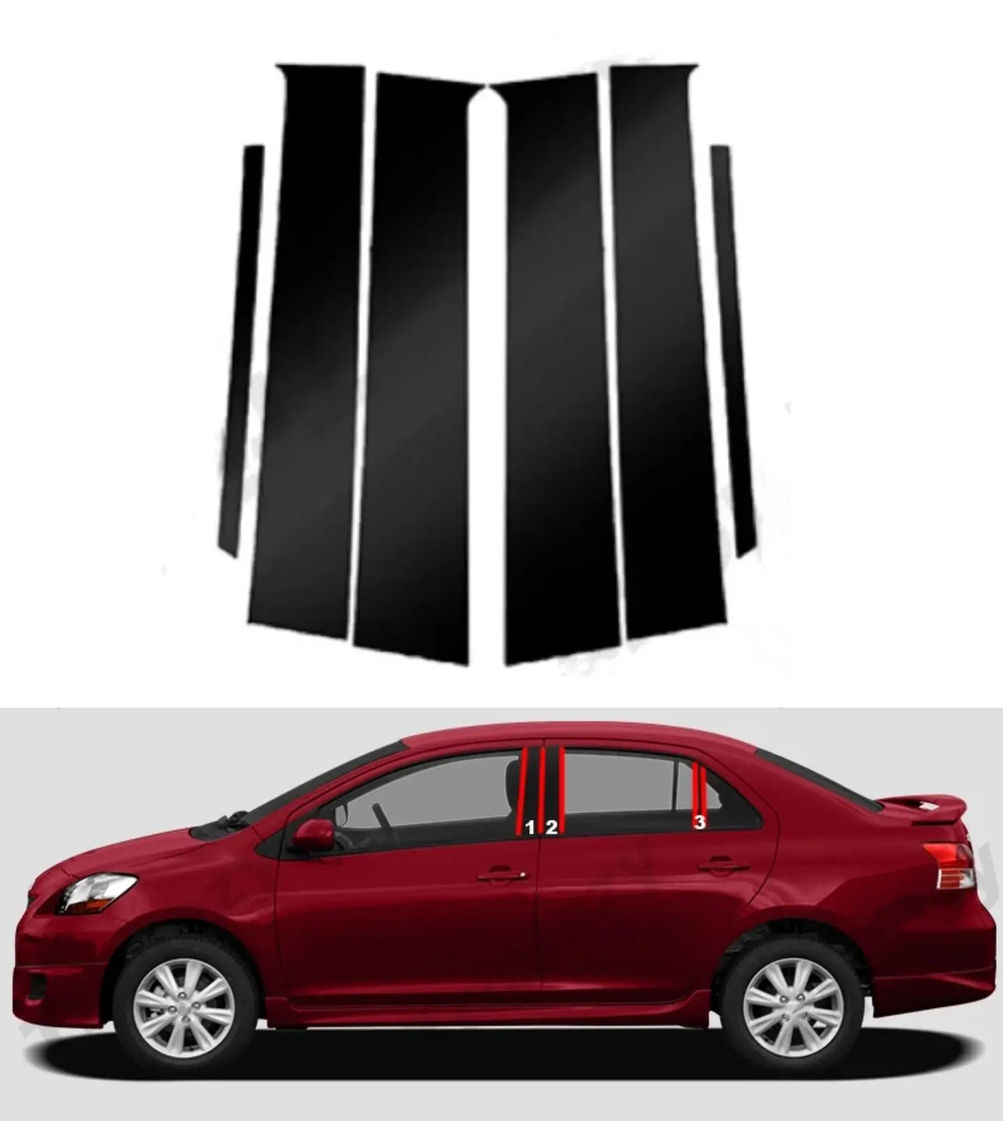 

6Pcs Glossy Black Pillar Post For Toyota Vios Batman NCP93 for Belta Yaris Sedan XP90 2008-2013 Car Door Window Sticker Trim