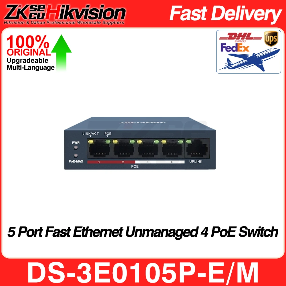 Commutatore Hikvision POE DS-3E0105P-E/M (4POE+1CH) 100Mbps Ethernet veloce non gestito RJ45 Port DC 48V per la fotocamera IP POE NVR