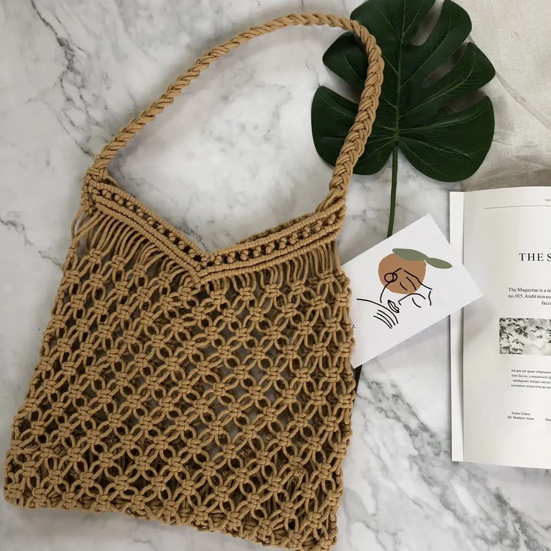 New Fashion Hollow Cotton Women Handbags Summer Straw Beach Bag High Quality Bohemian Female Shoulder Bag Designer Shopper Purse