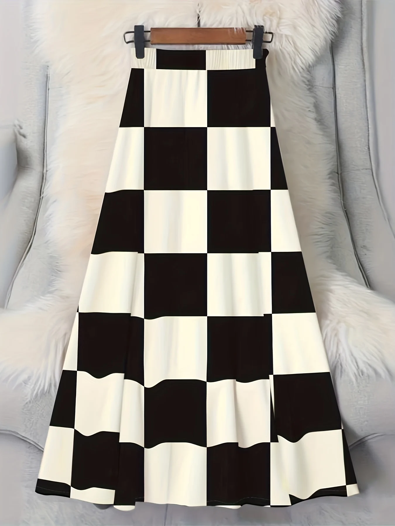 Falda midi con estampado de tablero de ajedrez en blanco y negro, estilo informal para las cuatro estaciones