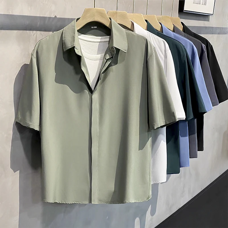 Summer Cool Men Short-sleeved Shirt Anti-wrinkle Solid Color Fashion office Casual Loose Button Pocket Shirt Male Clothing Top
