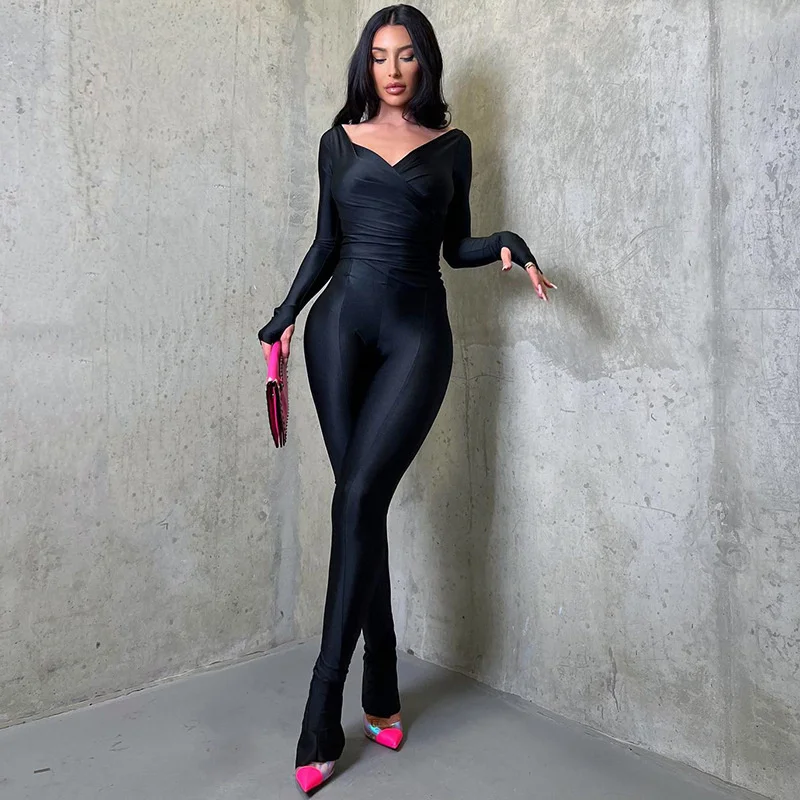 

Solid Black Casual Two Piece Set Women Fashion Sexy Wrapped V Neck Gloves Long Sleeve Slim Tops High Waist Split Pants Suits