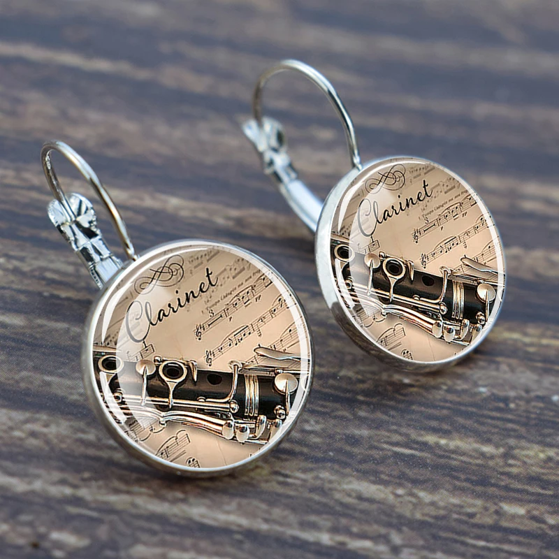 Musical Instrument Glass Earrings  Piano Guitar Clarinet Music Notes Silver Color Hoop Earing Women Jewelry