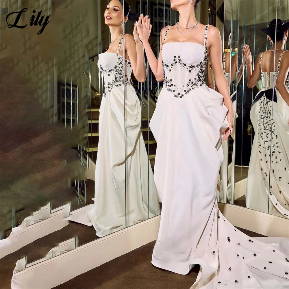 

Lily Ivory Prom Dresses Spaghetti Strap Sleeveless Gala Dresses with Pearls Saudi Arabic Modest Evening Party Gown Customized