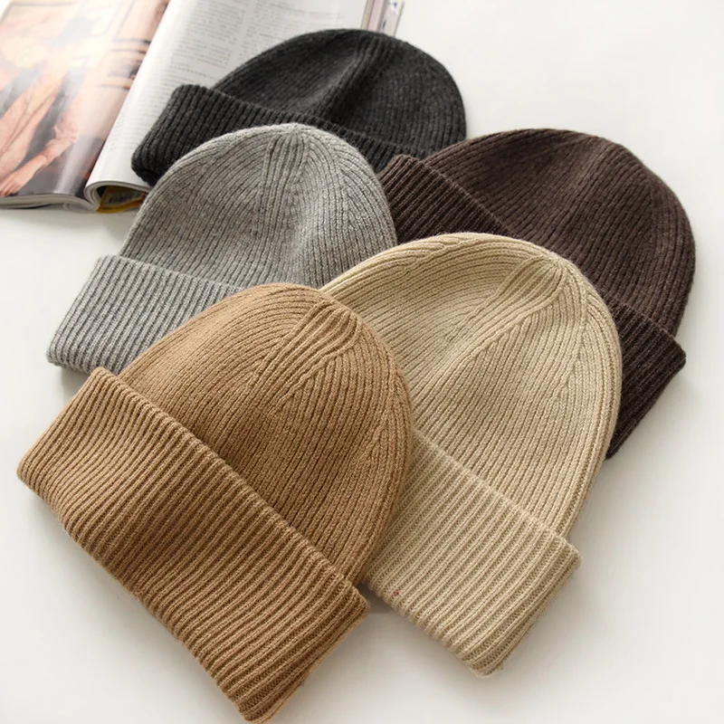 Angora Rabbit Hair Beanie Hat Solid Color Cuffed Skull Cap Elastic Warm Winter Hat Multiple Colors Outdoor Headwear for Women