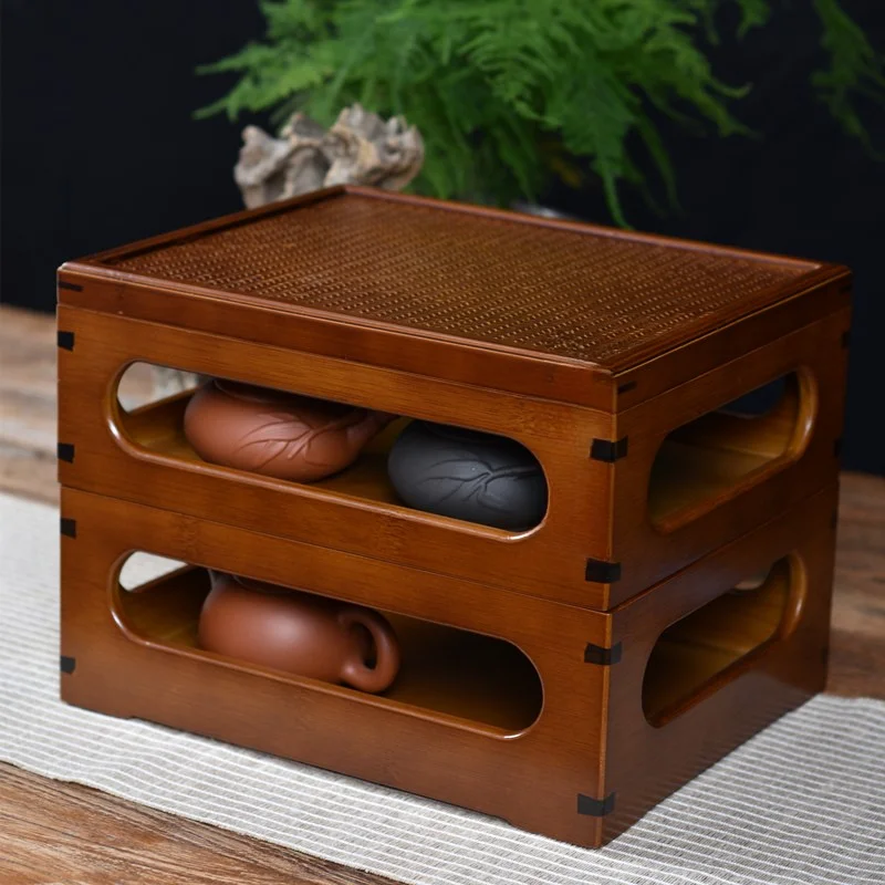 Tea Set Storage Box with Lid Dustproof Tea Table Tabletop Teapot Storage Time Tea Cup  Bowl Cup Storage Rack Bamboo Holder