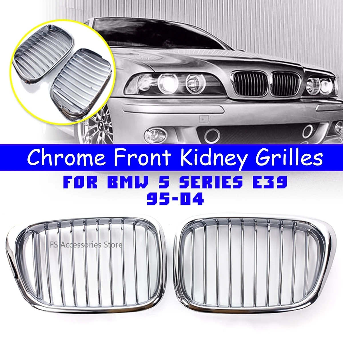 All Chrome Car Front Kidney Grille Chrome Plating Grill For BMW 5-Series E39 Sedan 1997-2003 Front Hood Grill Kidney Grilles