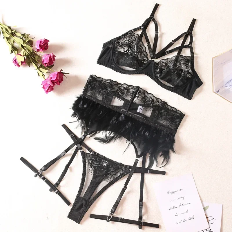 New Feather Embroidered Black Sheer Satin Lingerie, 3-Piece Lingerie Set Cut Out Bra and Thong with Garter Belt Role Play