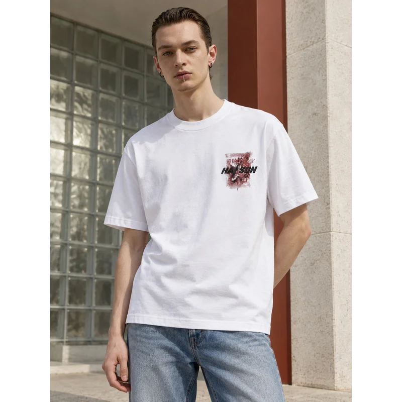MAZZONNE Men's White 100% Cotton Floral Letter Graphic T-Shirt, Front and Back Print, Short Sleeve Crew Neck Streetwear Tee H
