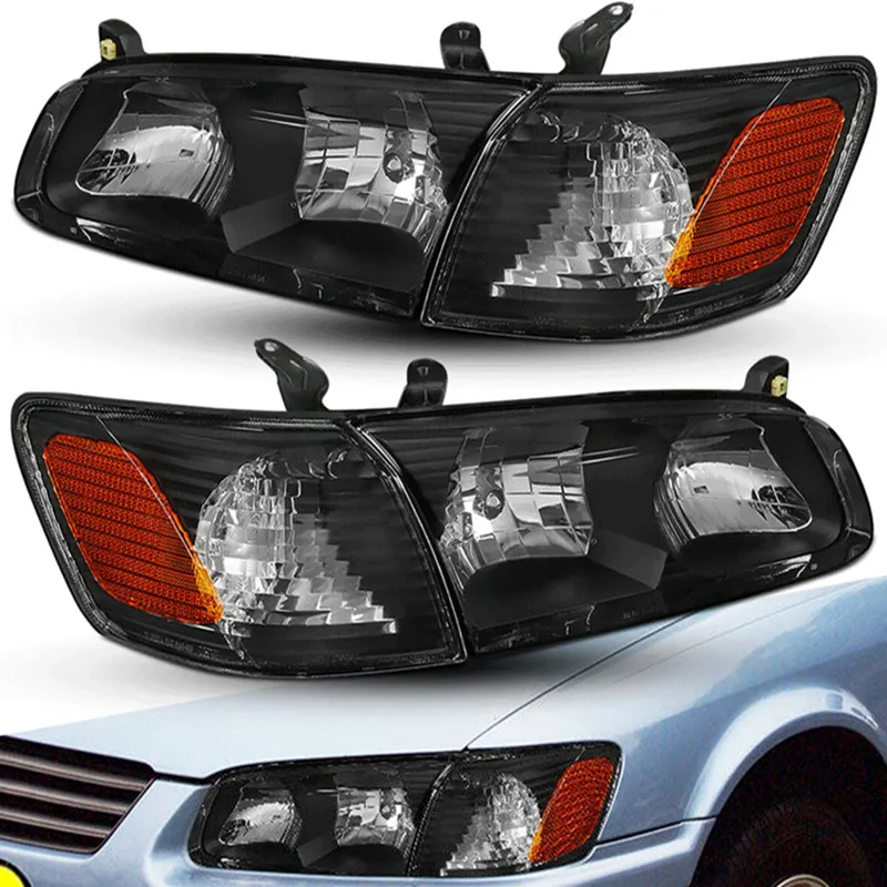 Sulinso For 2000-01 Toyota Camry XV20 Replacement Black Clear Headlights + Corner Lamps