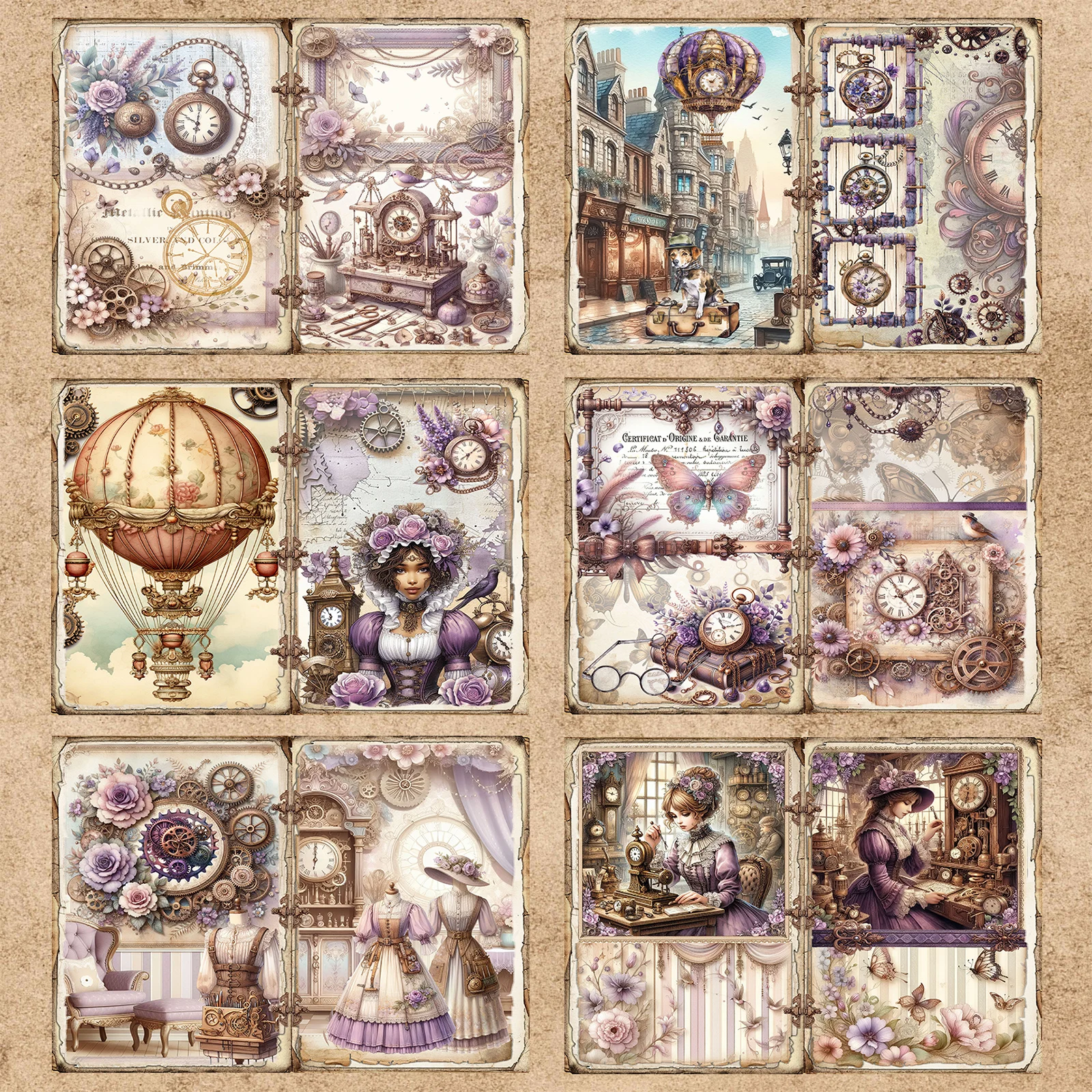 15 Sheets A5 Size Steampunk Gear Airship Clock Girl Background Vintage Grunge Journal Planning Scrapbooking