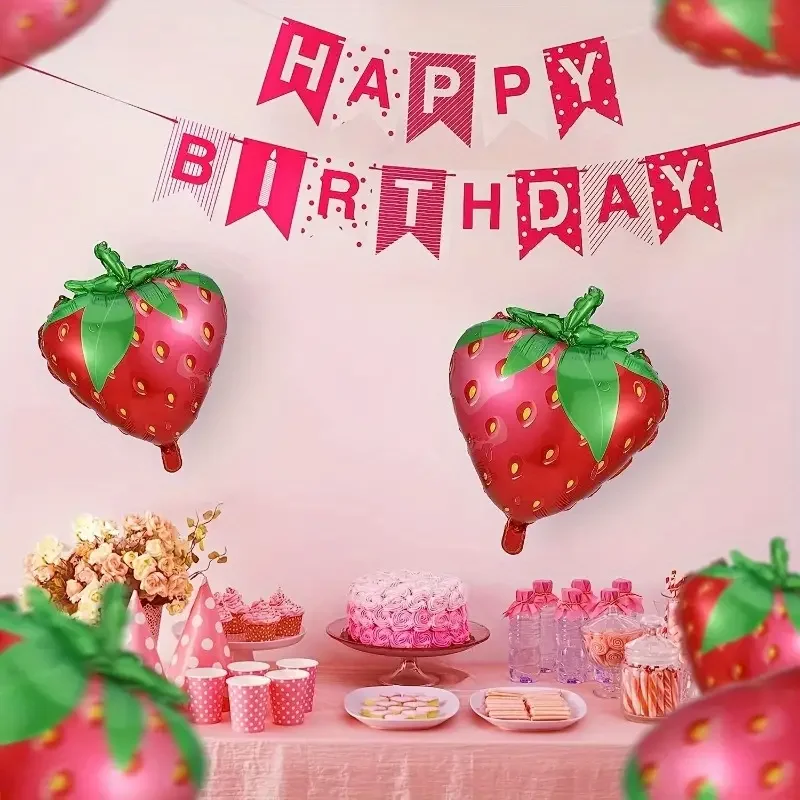 6 pieces, strawberry foil balloons, birthday party decorations, summer fruit party decorations balloons