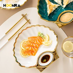 HOONRA 8 inch Creative Shell Dinner Plate Under-glazed Ceramic Dinner Dishes Dessert Tray Golden Edge Dinnerware Microwave Safe