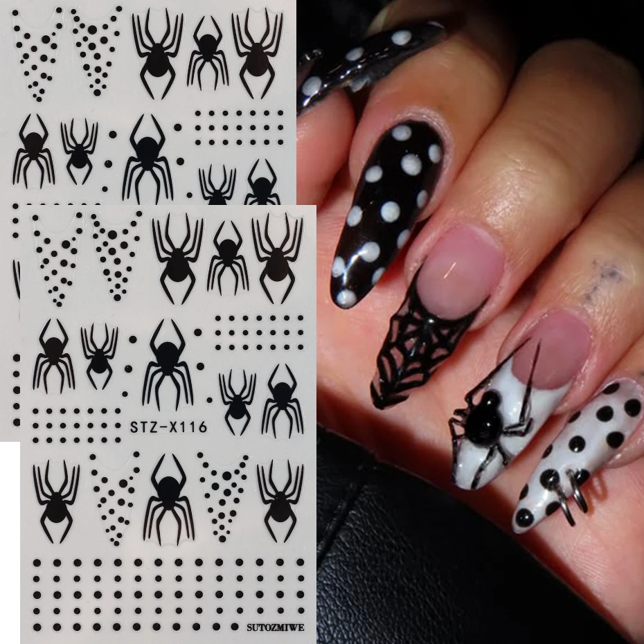 Black Spider Web and Spider Nail Art Stickers Self-Adhesive Halloween Spider Patterns Nail Decals for Women Nail Art Supplies